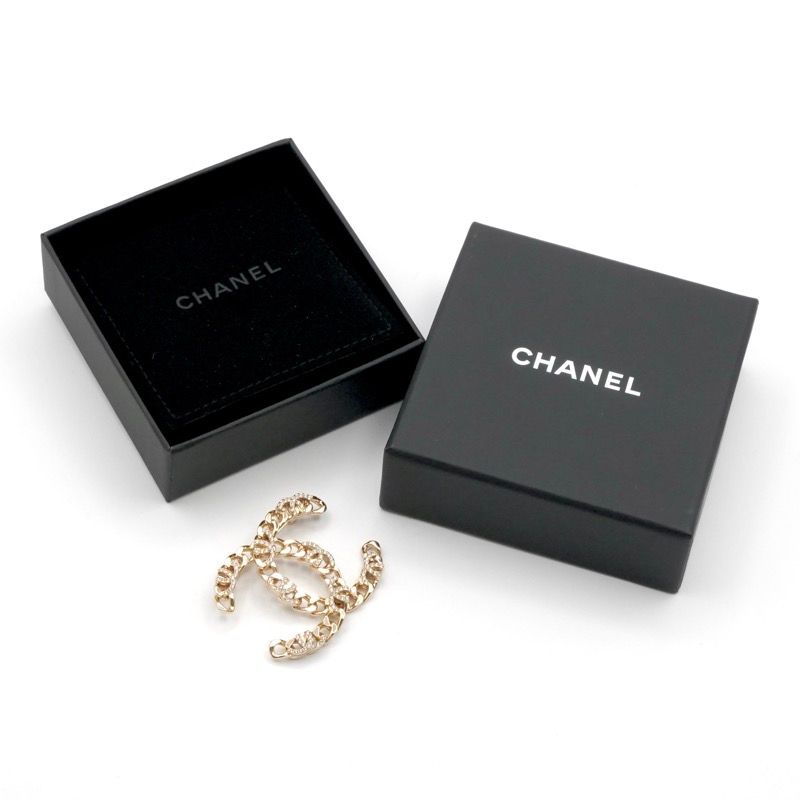 Chanel Brooch Corsage Gold Coco Mark Rhinestone Chain