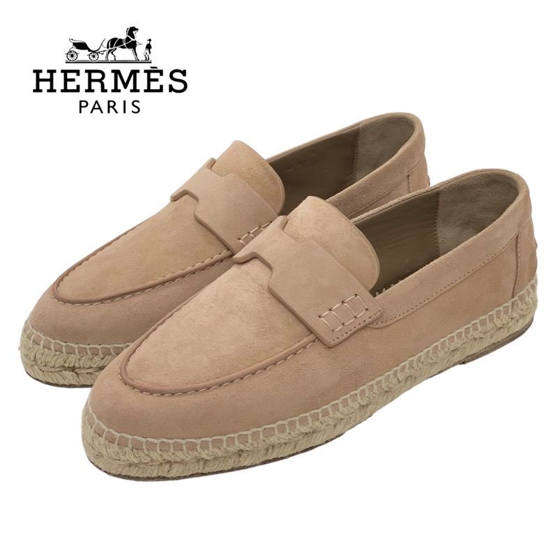 Hermes Trip Loafers Flat Shoes Espadrilles Rope Sole Suede Beige