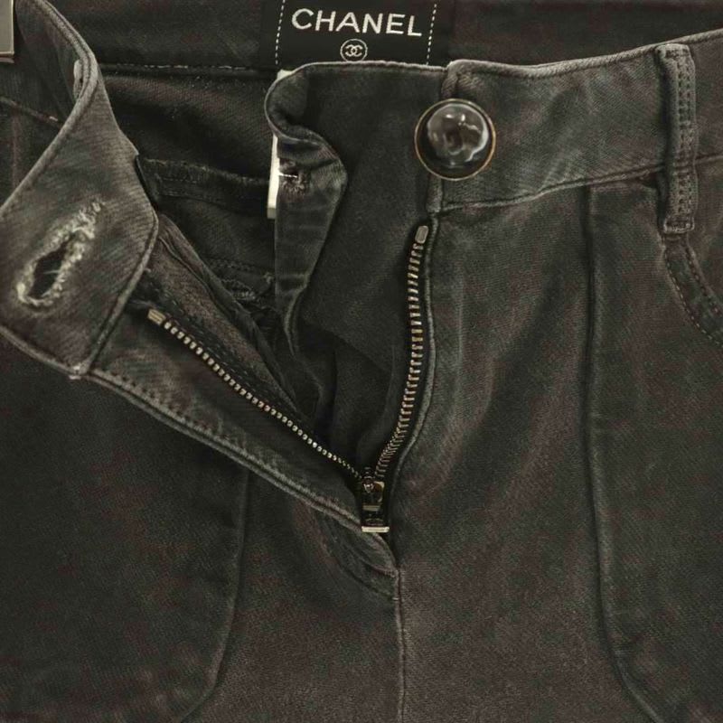 Chanel Faux Pearl Button Skinny Denim Pants Stretch 34 Charcoal CX OS