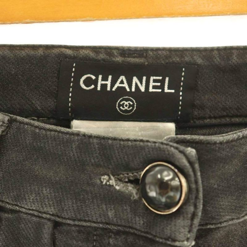 Chanel Faux Pearl Button Skinny Denim Pants Stretch 34 Charcoal CX OS