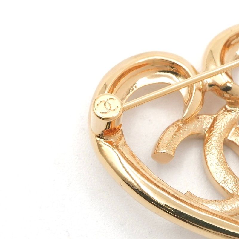 Chanel Brooch Corsage Gold Heart Here Mark Rhinestone