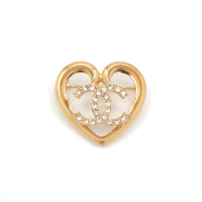 Chanel Brooch Corsage Gold Heart Here Mark Rhinestone