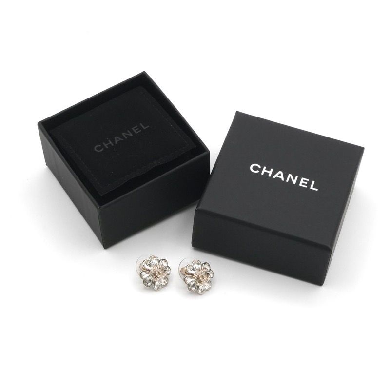 Chanel Earrings Cocomark Heart Flower Rhinestone Silver