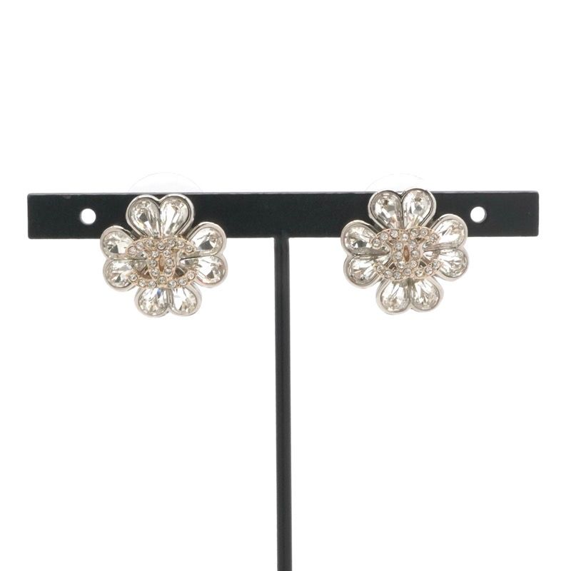 Chanel Earrings Cocomark Heart Flower Rhinestone Silver