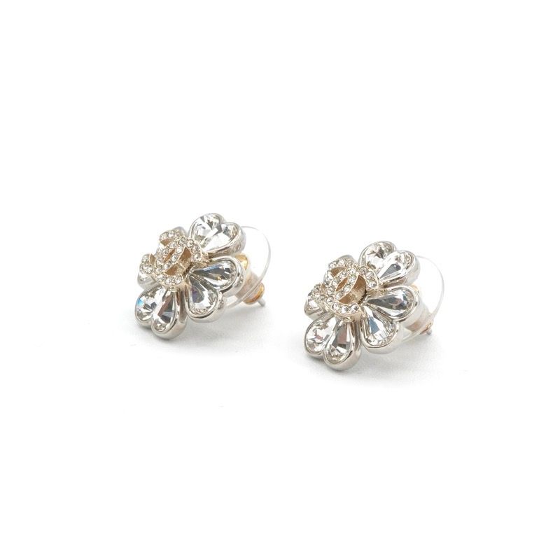 Chanel Earrings Cocomark Heart Flower Rhinestone Silver