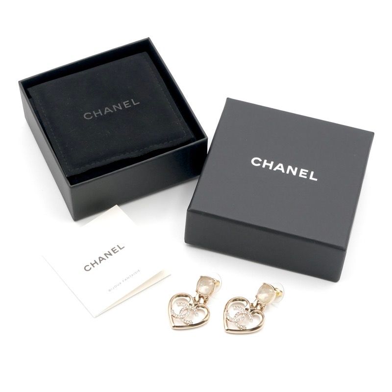 Chanel Earrings Earring Gold Coco Mark Heart Rhinestone