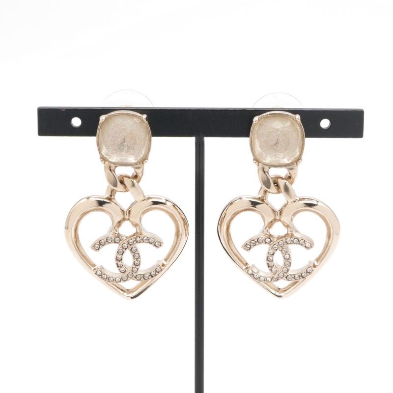 Chanel Earrings Earring Gold Coco Mark Heart Rhinestone