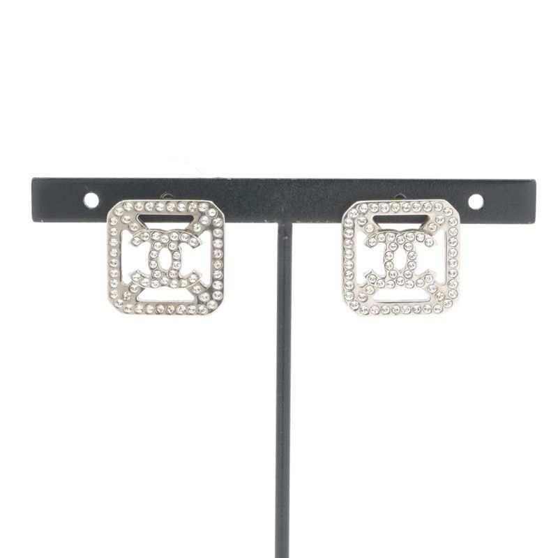Chanel Earrings Earring Silver Coco Mark Rhinestone