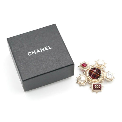 Chanel Brooch Corsage Gold Red Here Mark Pearl Bijou Tweed
