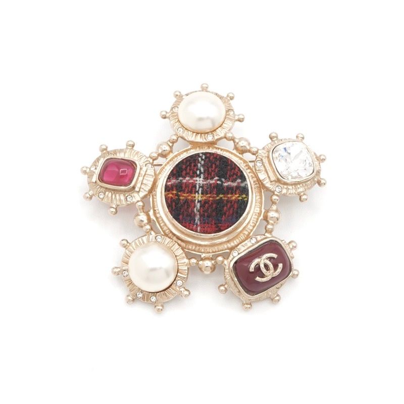 Chanel Brooch Corsage Gold Red Here Mark Pearl Bijou Tweed