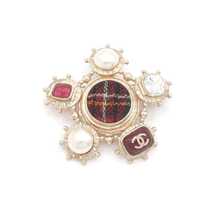 Chanel Brooch Corsage Gold Red Here Mark Pearl Bijou Tweed