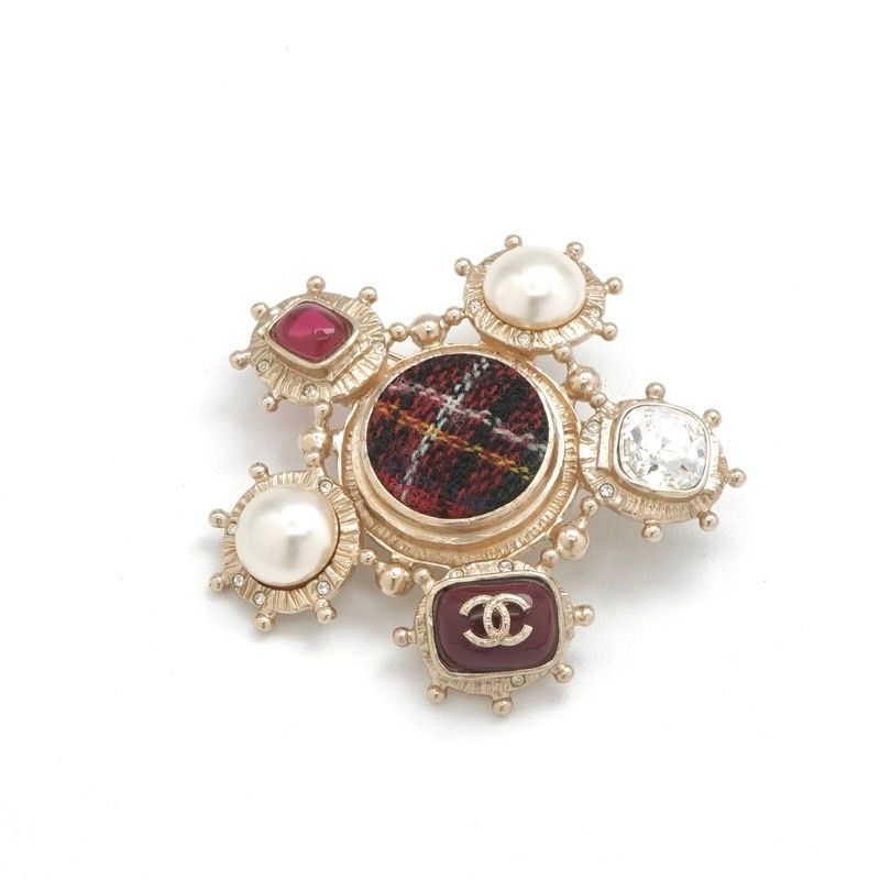 Chanel Brooch Corsage Gold Red Here Mark Pearl Bijou Tweed
