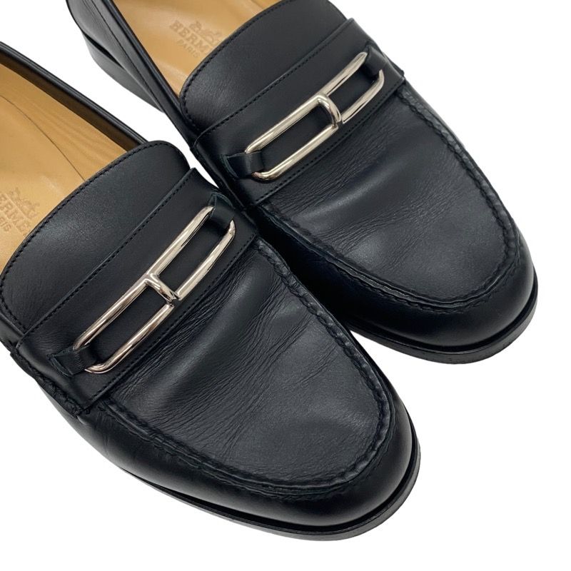 Hermes Colette Loafer Leather Shoes Leather Black Silver Moccasin Flat Shoes