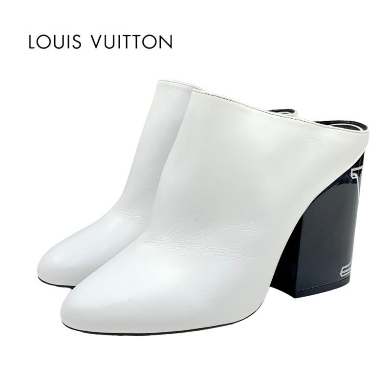 Louis Vuitton Sandals Shoes Leather White Black Mules LV Logo Heels