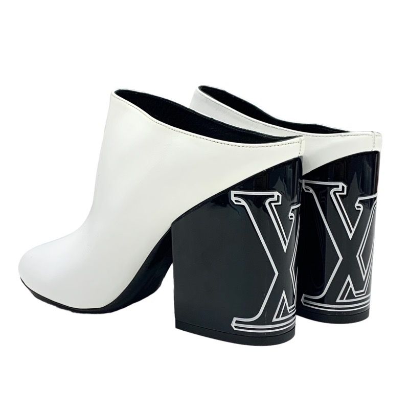 Louis Vuitton Sandals Shoes Leather White Black Mules LV Logo Heels