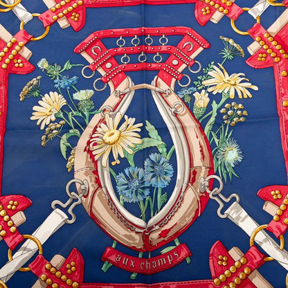 Hermes Carre 90 aux Champs To The Field Navy Multicolor Silk Ladies