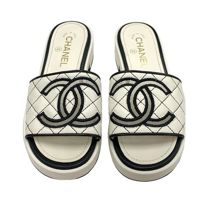 Chanel Sandals Shoes Lambskin White Black White Coco Mark Quilted Mules