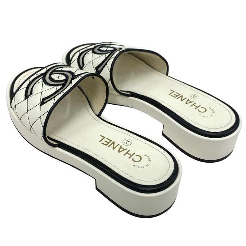 Chanel Sandals Shoes Lambskin White Black White Coco Mark Quilted Mules
