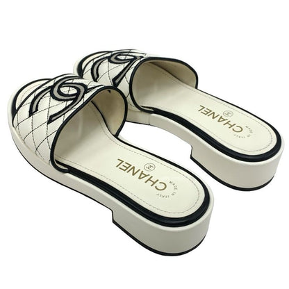 Chanel Sandals Shoes Lambskin White Black White Coco Mark Quilted Mules