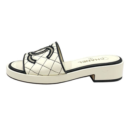 Chanel Sandals Shoes Lambskin White Black White Coco Mark Quilted Mules