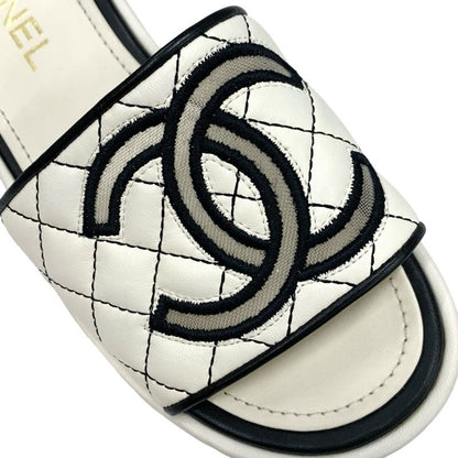 Chanel Sandals Shoes Lambskin White Black White Coco Mark Quilted Mules