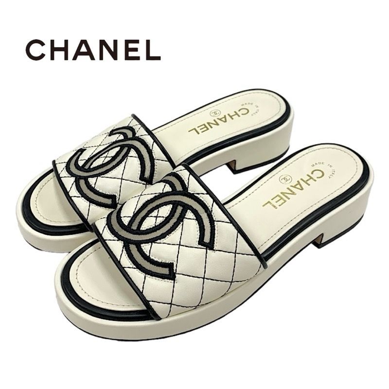 Chanel Sandals Shoes Lambskin White Black White Coco Mark Quilted Mules