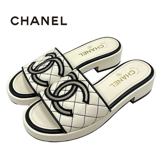 Chanel Sandals Shoes Lambskin White Black White Coco Mark Quilted Mules