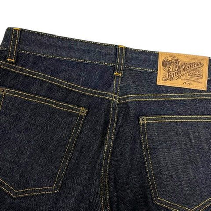Louis Vuitton Denim Jeans Straight Leather Label Logo Embroidery 38 Blue Indigo
