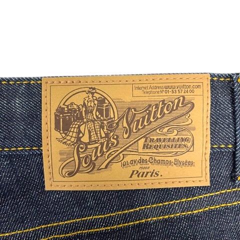Louis Vuitton Denim Jeans Straight Leather Label Logo Embroidery 38 Blue Indigo