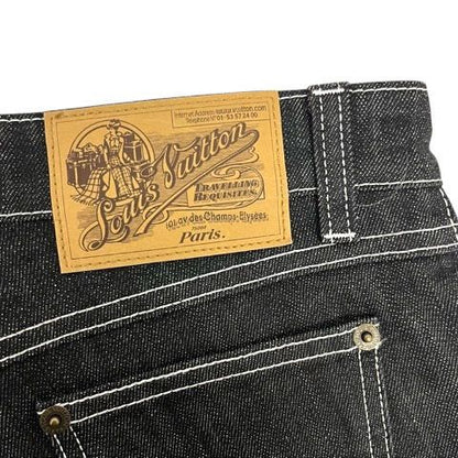 Louis Vuitton Denim Jeans Straight Leather Label Logo Embroidery 38 Black