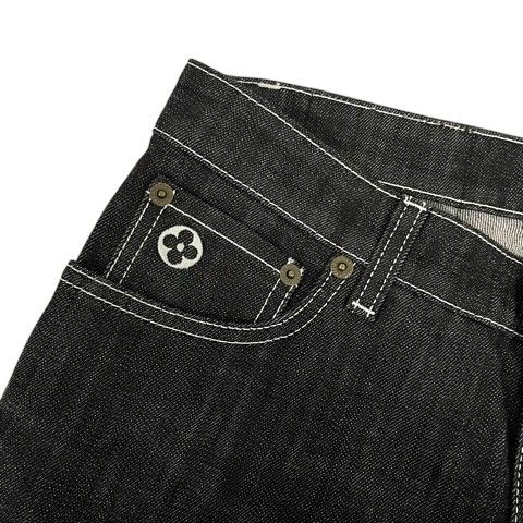 Louis Vuitton Denim Jeans Straight Leather Label Logo Embroidery 38 Black