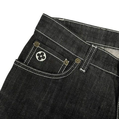 Louis Vuitton Denim Jeans Straight Leather Label Logo Embroidery 38 Black