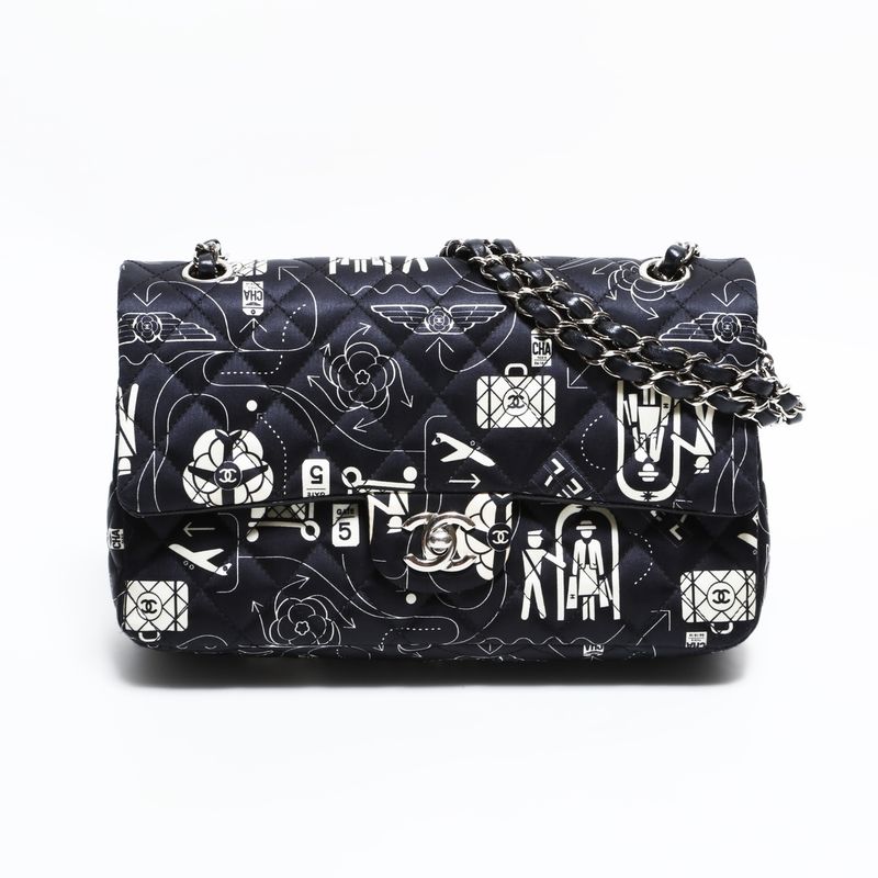 Chanel Shoulder Bag Icon Motif Satin Quilted Double Flap