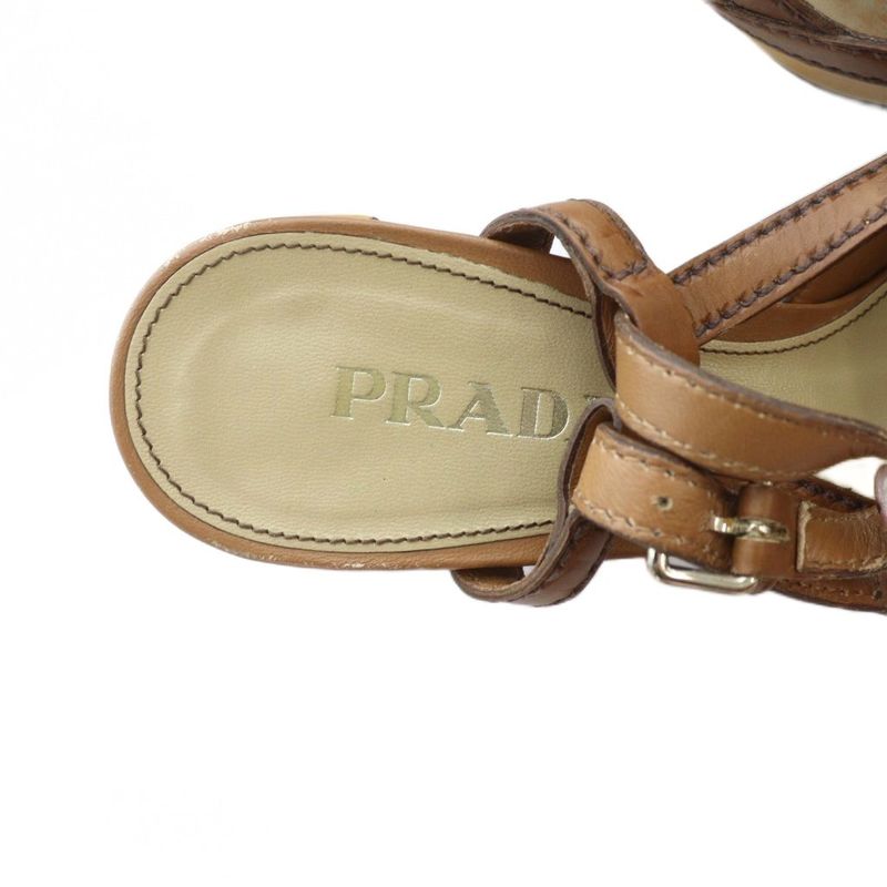 Prada Sandals Square Toe Logo Leather 36.5 23.5cm (9.25in) Brown • GY18 MQ • OH