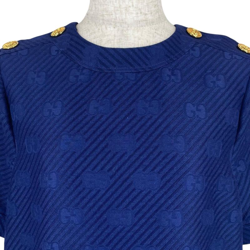Gucci Wool Silk Blend Gold Button GG Jacquard Dress Blue 38