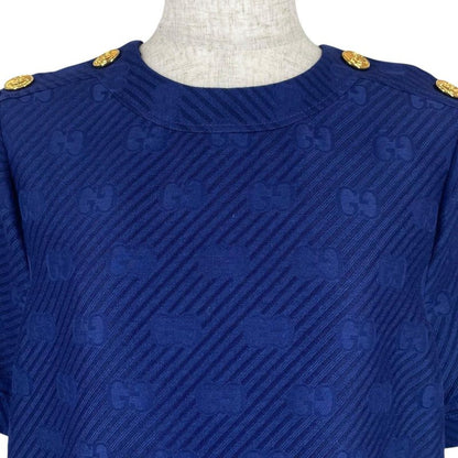 Gucci Wool Silk Blend Gold Button GG Jacquard Dress Blue 38
