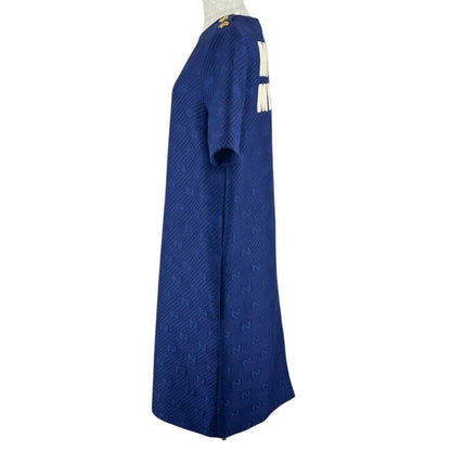 Gucci Wool Silk Blend Gold Button GG Jacquard Dress Blue 38