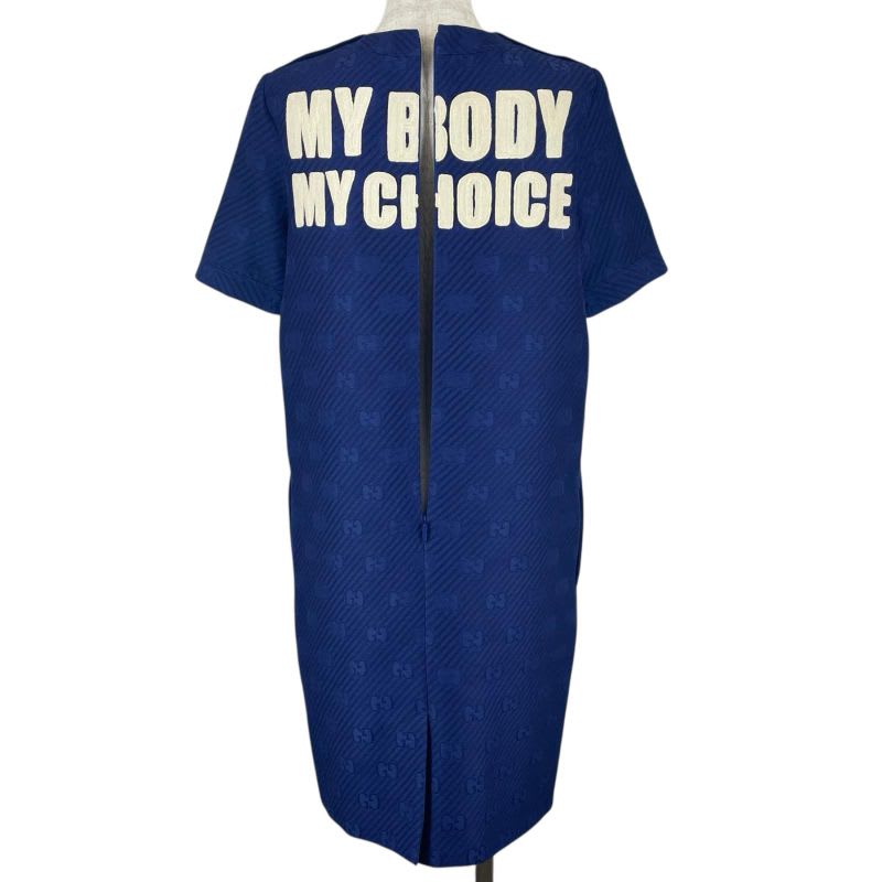 Gucci Wool Silk Blend Gold Button GG Jacquard Dress Blue 38