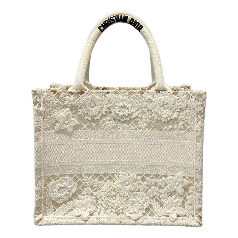 Dior Christian Dior Tote Bag Book Tote Small Bag Ivory Flower Lace Mesh Cotton