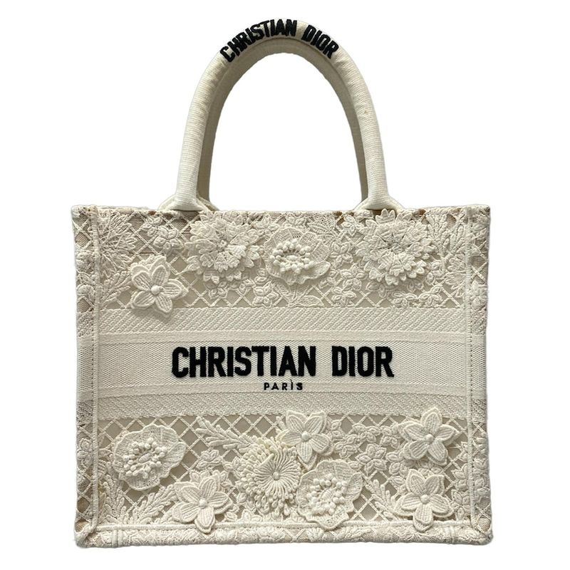 Dior Christian Dior Tote Bag Book Tote Small Bag Ivory Flower Lace Mesh Cotton