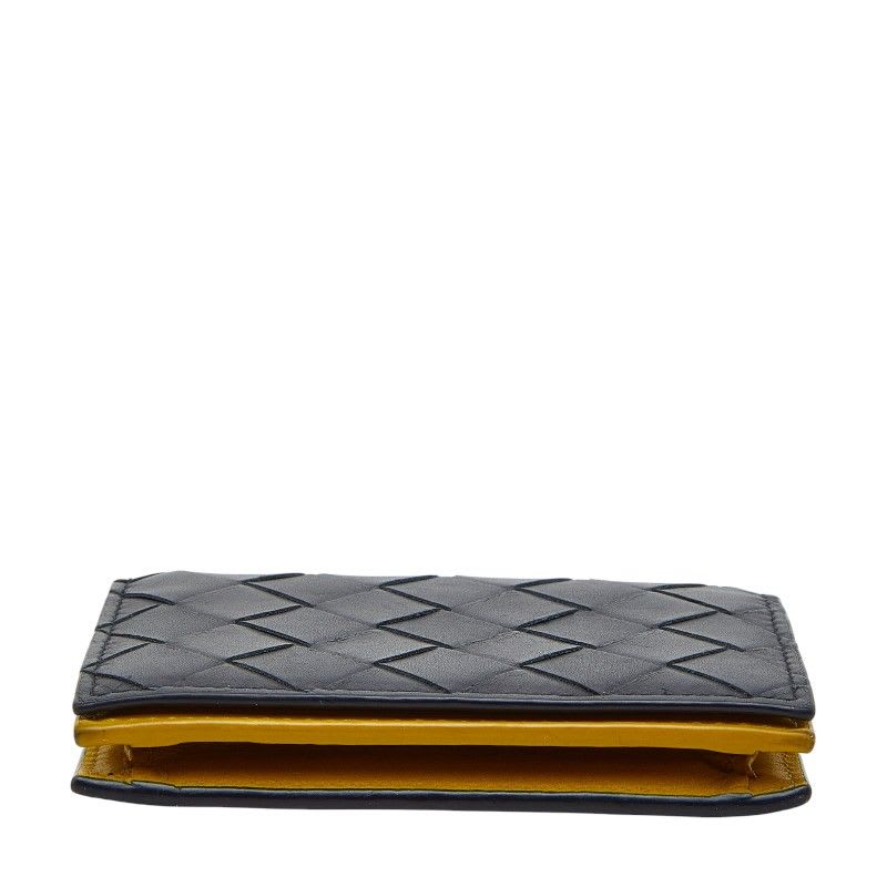 Bottega Veneta Intrecciato Card Case Business Holder Navy Yellow Leather