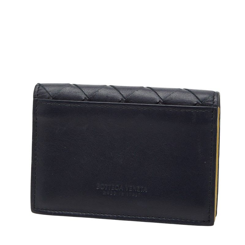 Bottega Veneta Intrecciato Card Case Business Holder Navy Yellow Leather