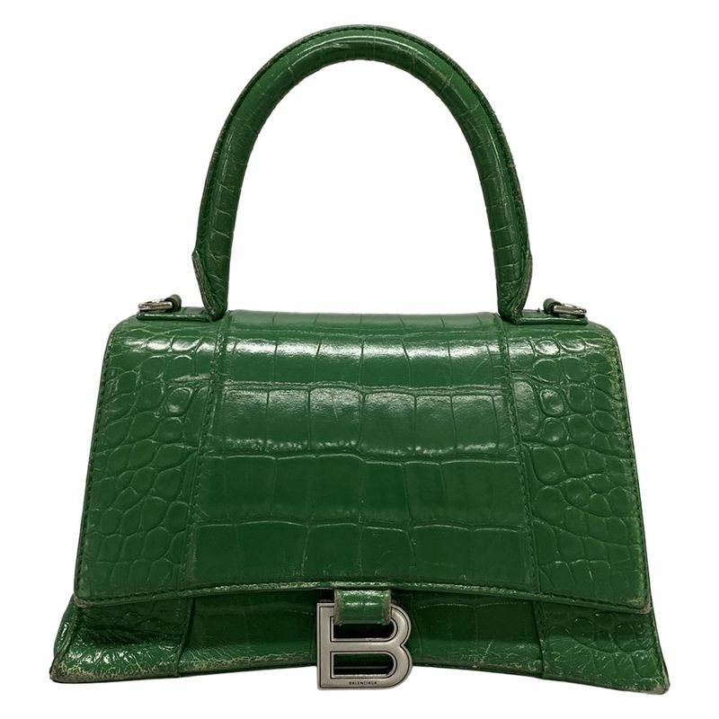 Balenciaga Handbag Hourglass Top Handle Small 593546 Green Shape Pressed Leather