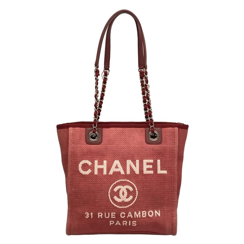 Chanel Tote Bag Deauville Line PM Red Chain Shoulder Silver Hardware