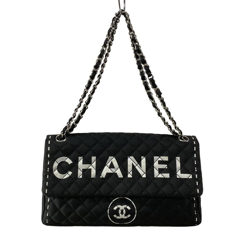 Chanel Shoulder Bag Matelasse Black X White Flap Bag Silver Hardware Chain