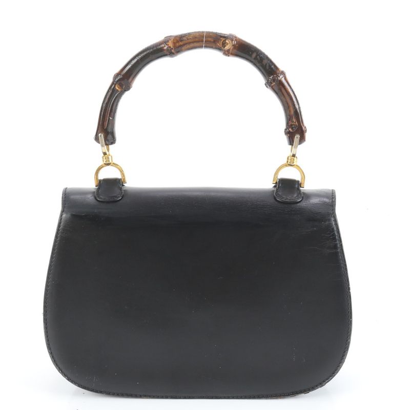 Vintage Old Gucci Bamboo Leather Handbag Genuine Leather Black Women's RUM