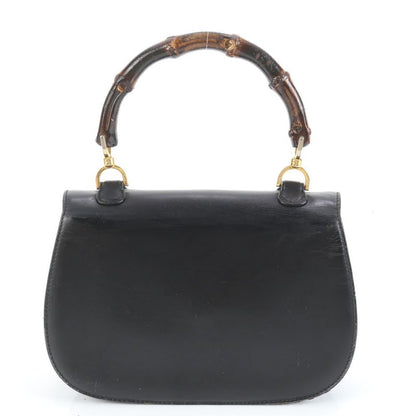 Vintage Old Gucci Bamboo Leather Handbag Genuine Leather Black Women's RUM