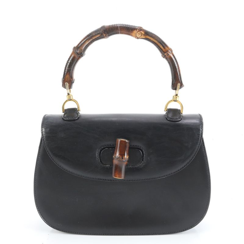 Vintage Old Gucci Bamboo Leather Handbag Genuine Leather Black Women's RUM