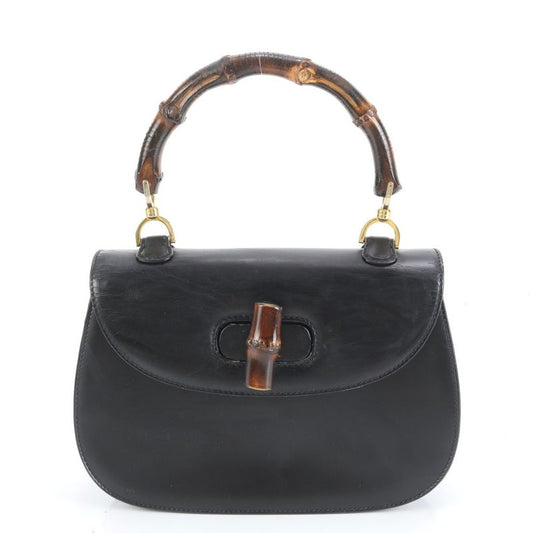 Vintage Old Gucci Bamboo Leather Handbag Genuine Leather Black Women's RUM