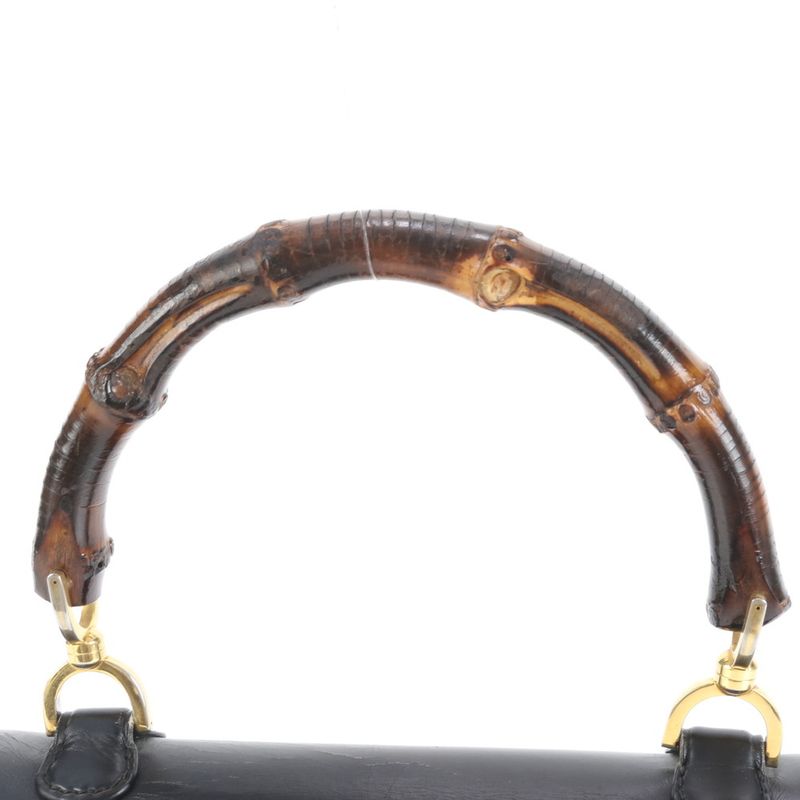Vintage Old Gucci Bamboo Leather Handbag Genuine Leather Black Women's RUM